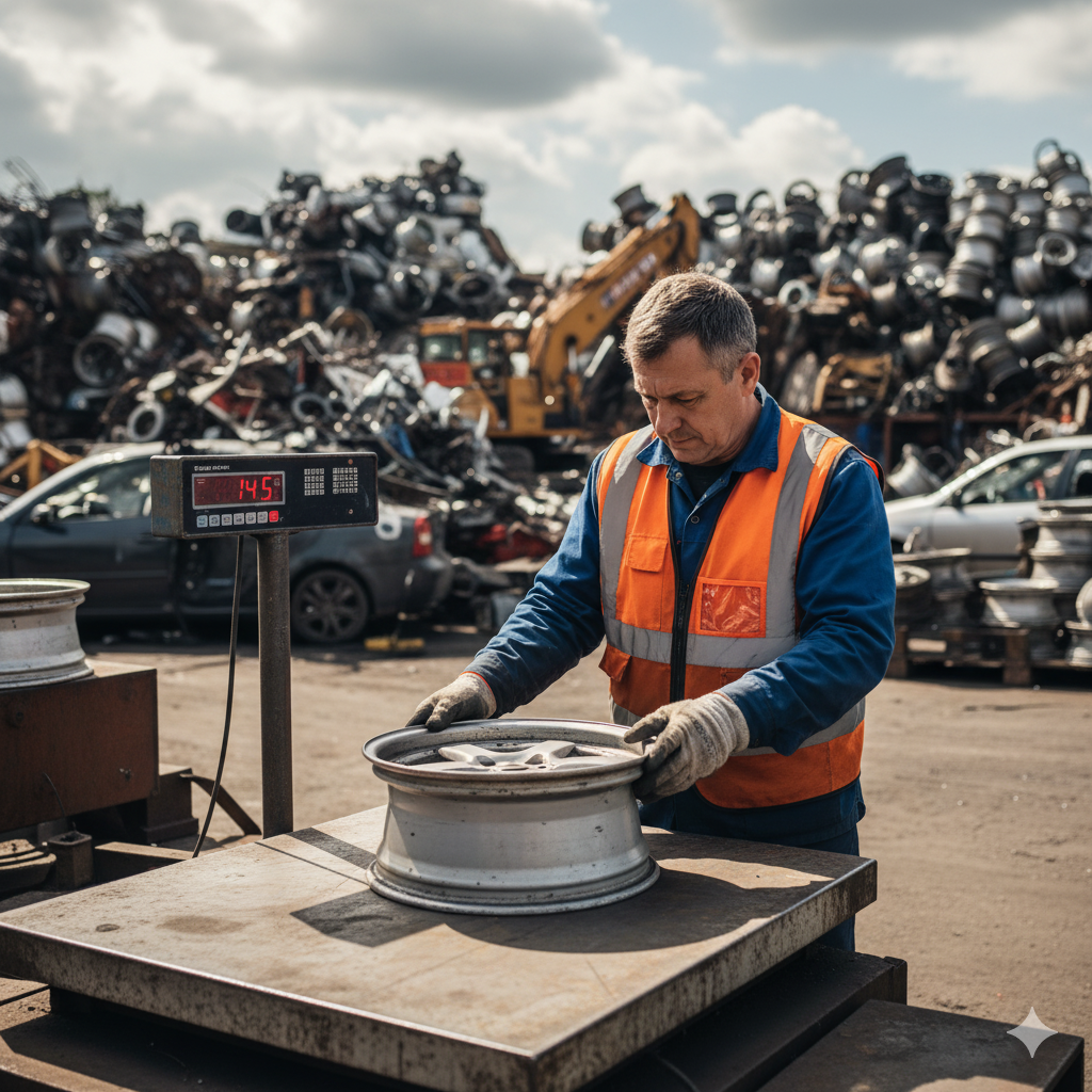 Pracownik skupu ważący felgi, w tle plac skupu złomu z częściami. 