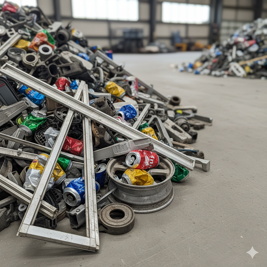 Aluminiowe elementy czekające na przetopienie - sterty ułożone na podłodze w hangarze skupu złomu aluminium.