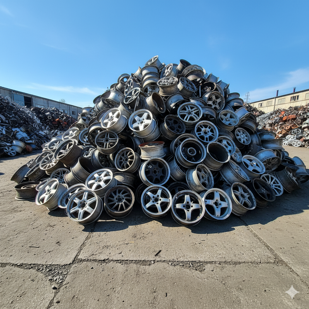 Wielka sterta felg aluminiowych na placu skupu.