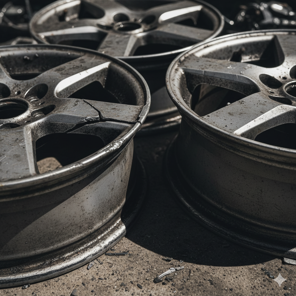 Uszkodzone alufelgi, widoczne pęknięcia.