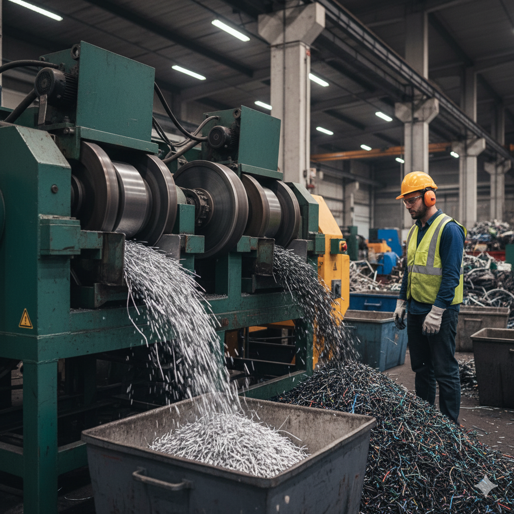 Pracownik skupu nadzorujący maszynę rozdzielającą metal od izolacji. 