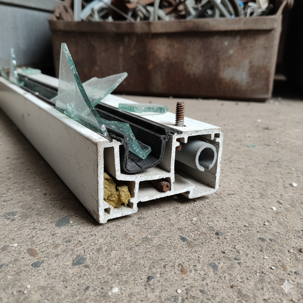 Zanieczyszczony profil aluminiowy - widoczne są kawałki szkła, gumy, pianki izolującej, plastikowej rury i śrub z innego metalu.