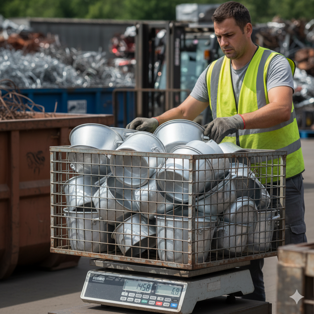 Pracownik skupu złomu przekładający garnki do metalowego wózka.