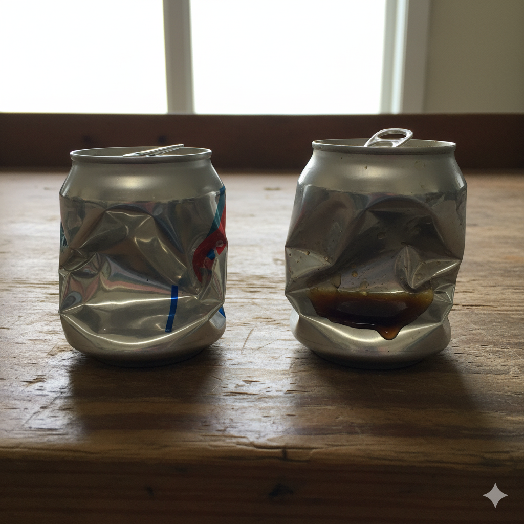 Dwie zgniecione puszki na stole.