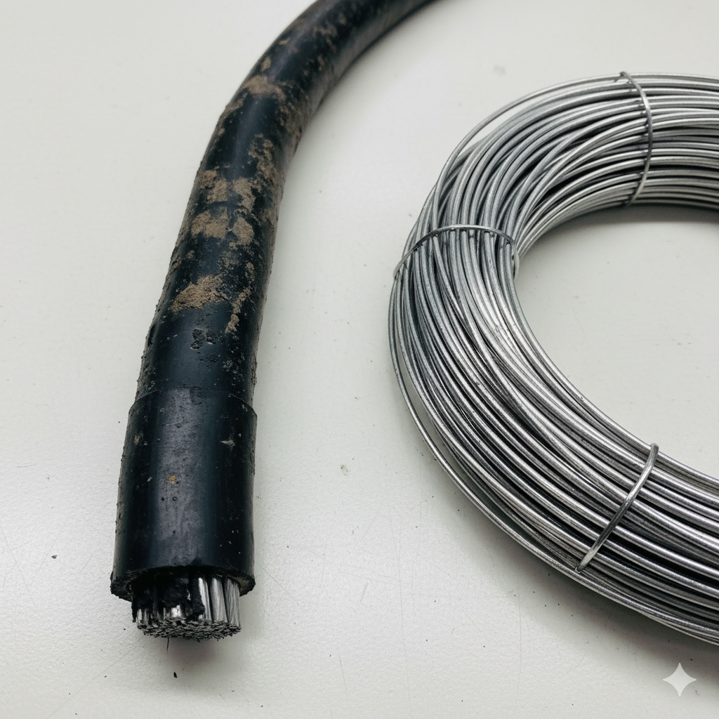 Na zdjęciu jest aluminiowy kabel częściowo oczyszczony z zabrudzonej izolacji.