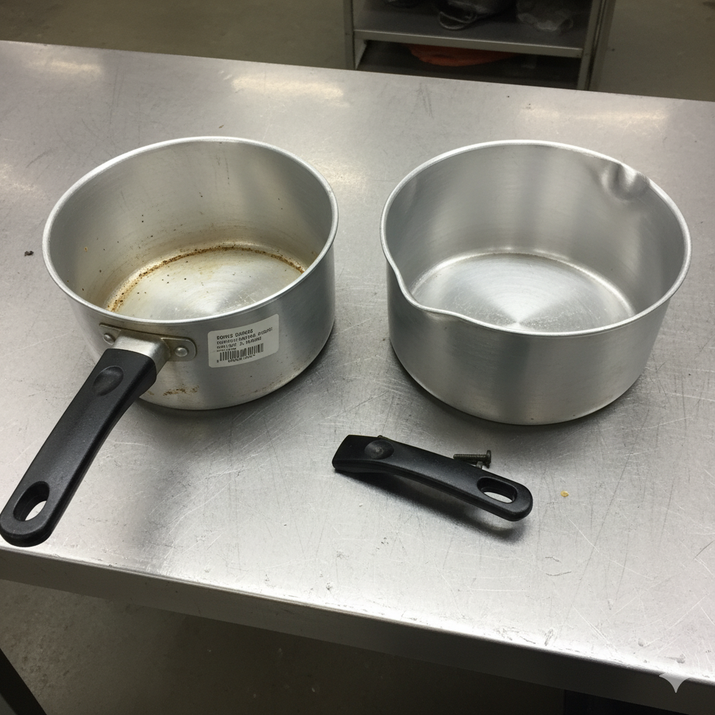 Po prawej czysty, przygotowany do recyklingu garnek, po lewej zabrudzony garnek z rączką i śrubami, które należy usunąć, jeśli nie są również z aluminium.