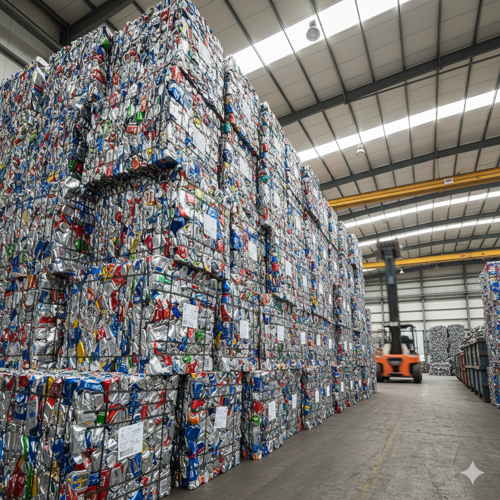 Ogromne bale zgniecionych puszek, sięgające prawie pod sufit magazynu.