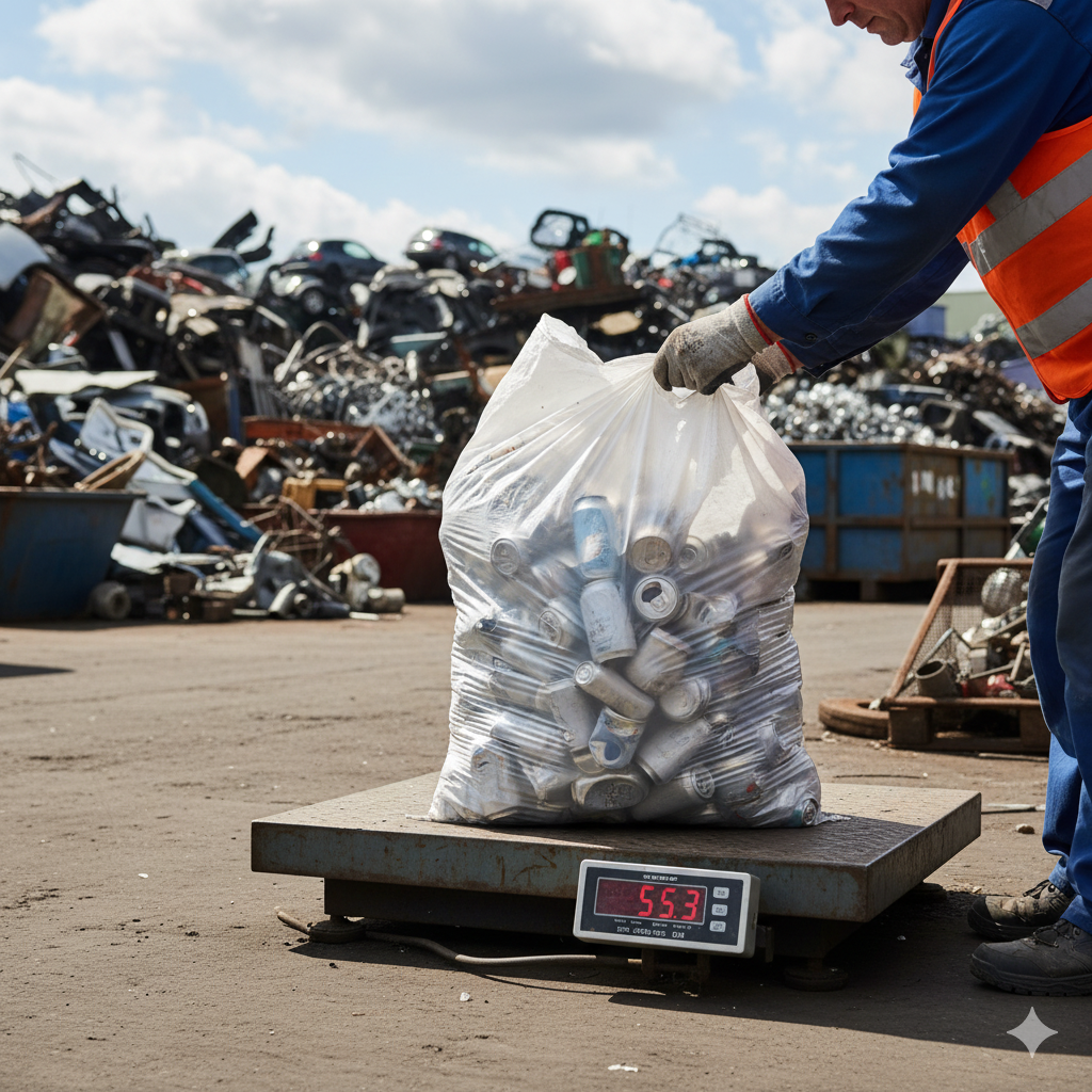 Pracownik skupu ważący puszki na dużej, industrialnej wadze. W tle plac skupu.