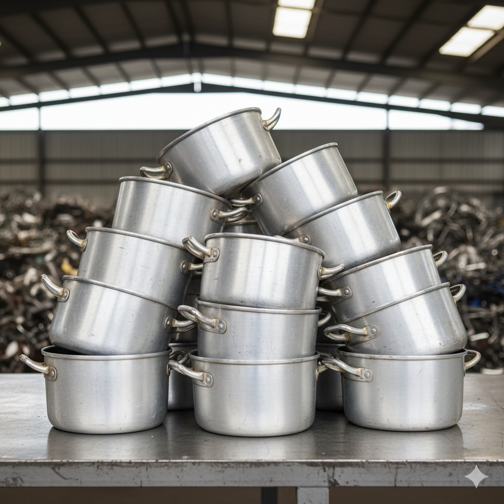 Sterta aluminiowych garnków w skupie.