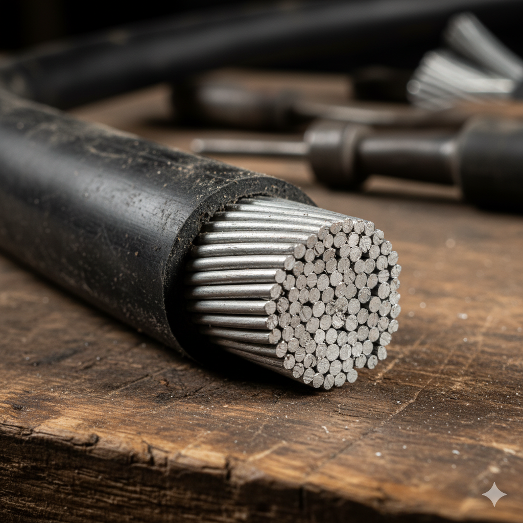 Przekrój kabla aluminiowego - widać, że na jego wypełnienie składa się wiele mniejszych w średnicy kabli. 