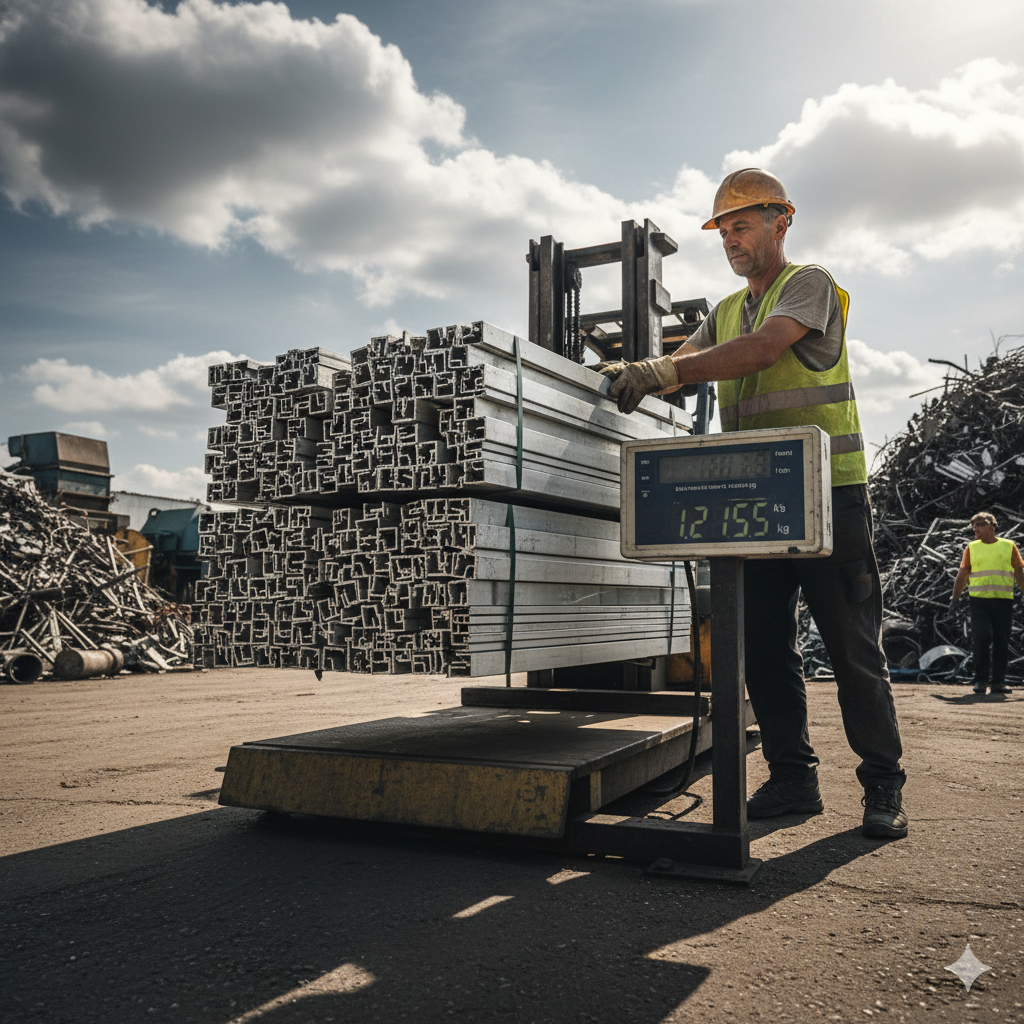 Pracownik skupu ważący małe i czyste profile aluminiowe na wadze.