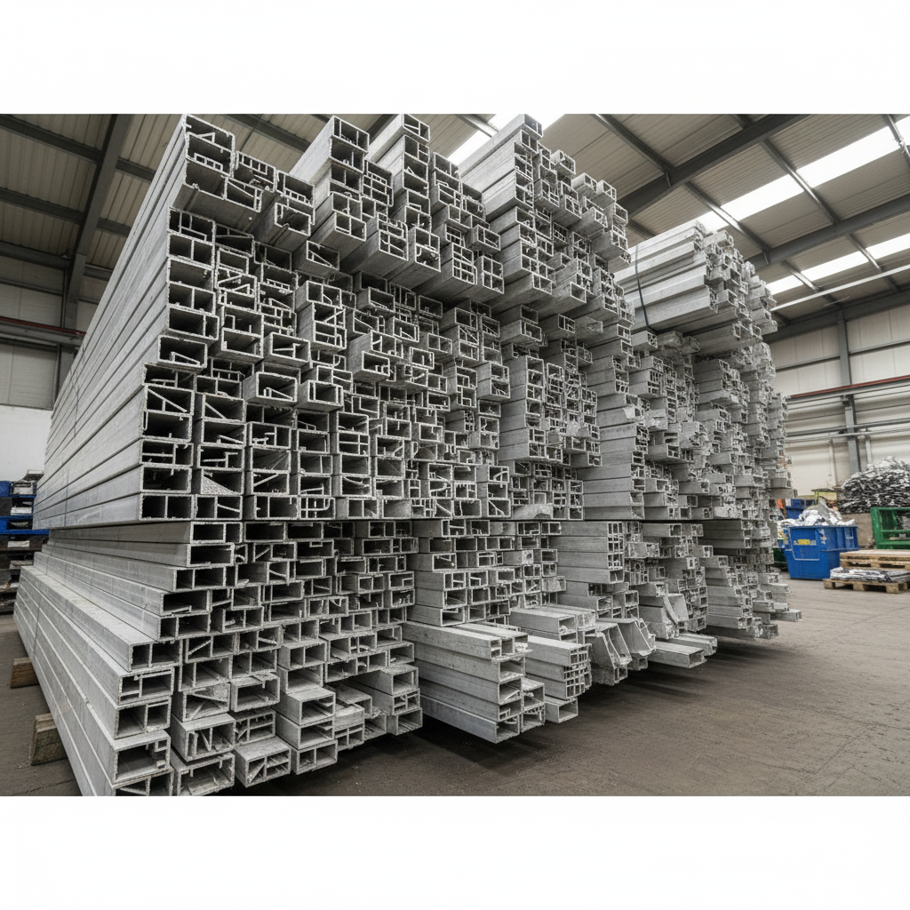 Znacząca ilość profili aluminiowych w magazynie skupu złomu, prawie sięga sufitu.