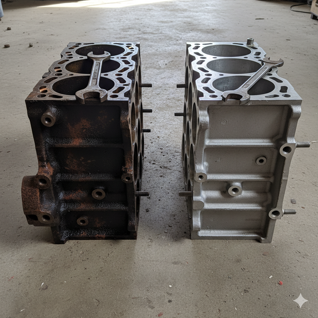 Po prawej silnik żeliwny, po lewej silnik aluminiowy. Cena aluminium na skupie jest znacząco wyższa niż żeliwa.