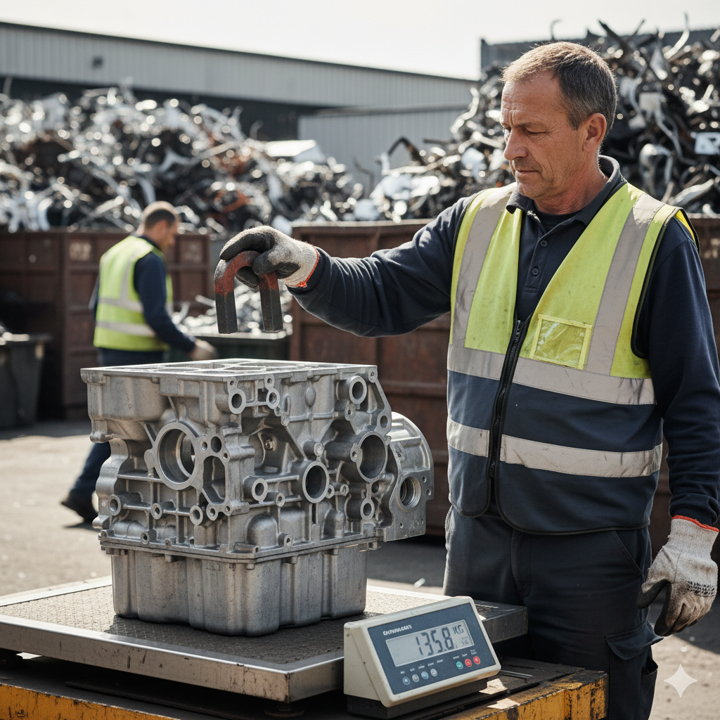 Pracownik skupu ważący silnik aluminiowy na wadze.
