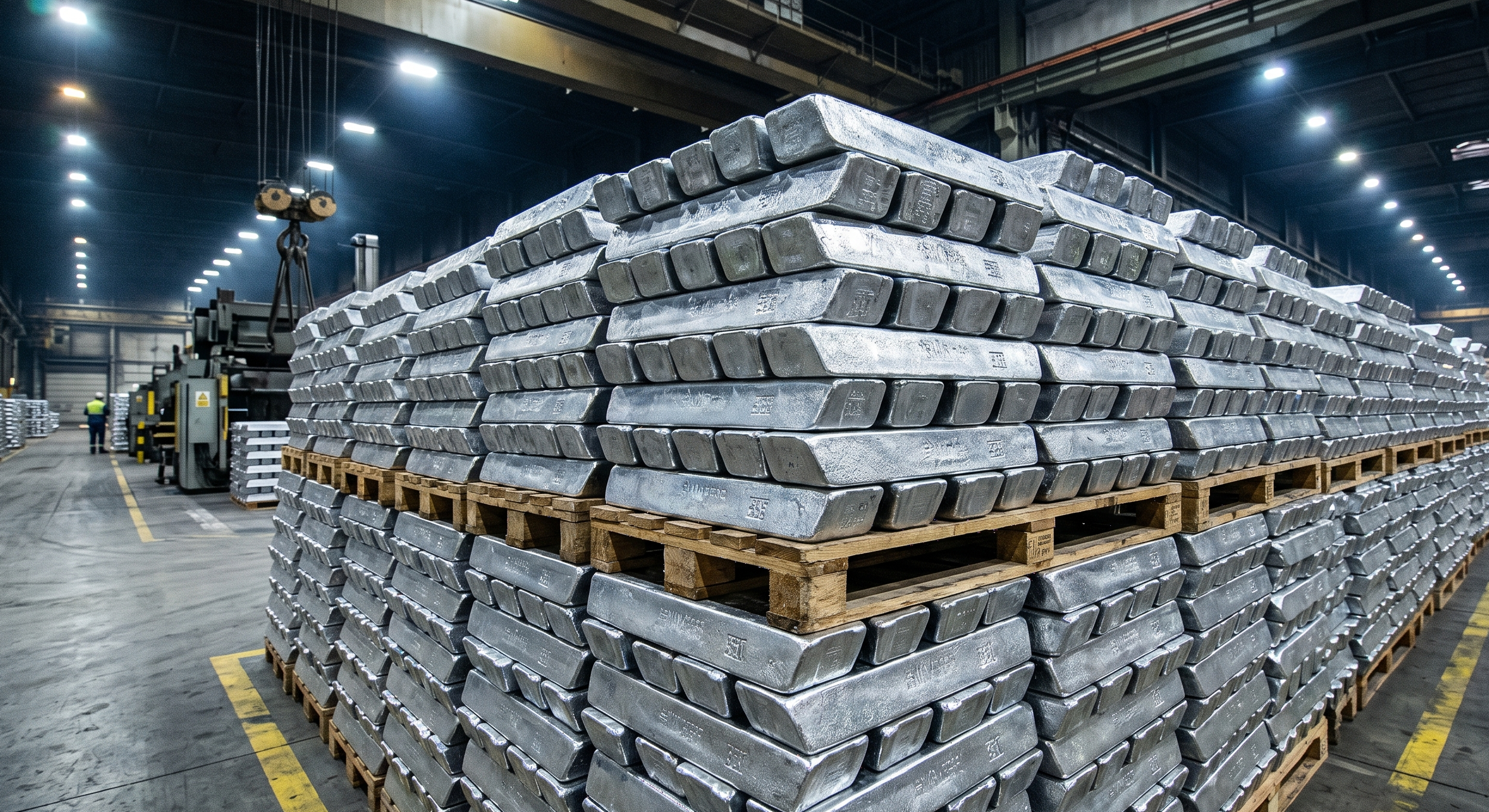 Na zdjęciu sztabki wylewki aluminium ułożona na paletach, w wielkiej hali magazynowej. 